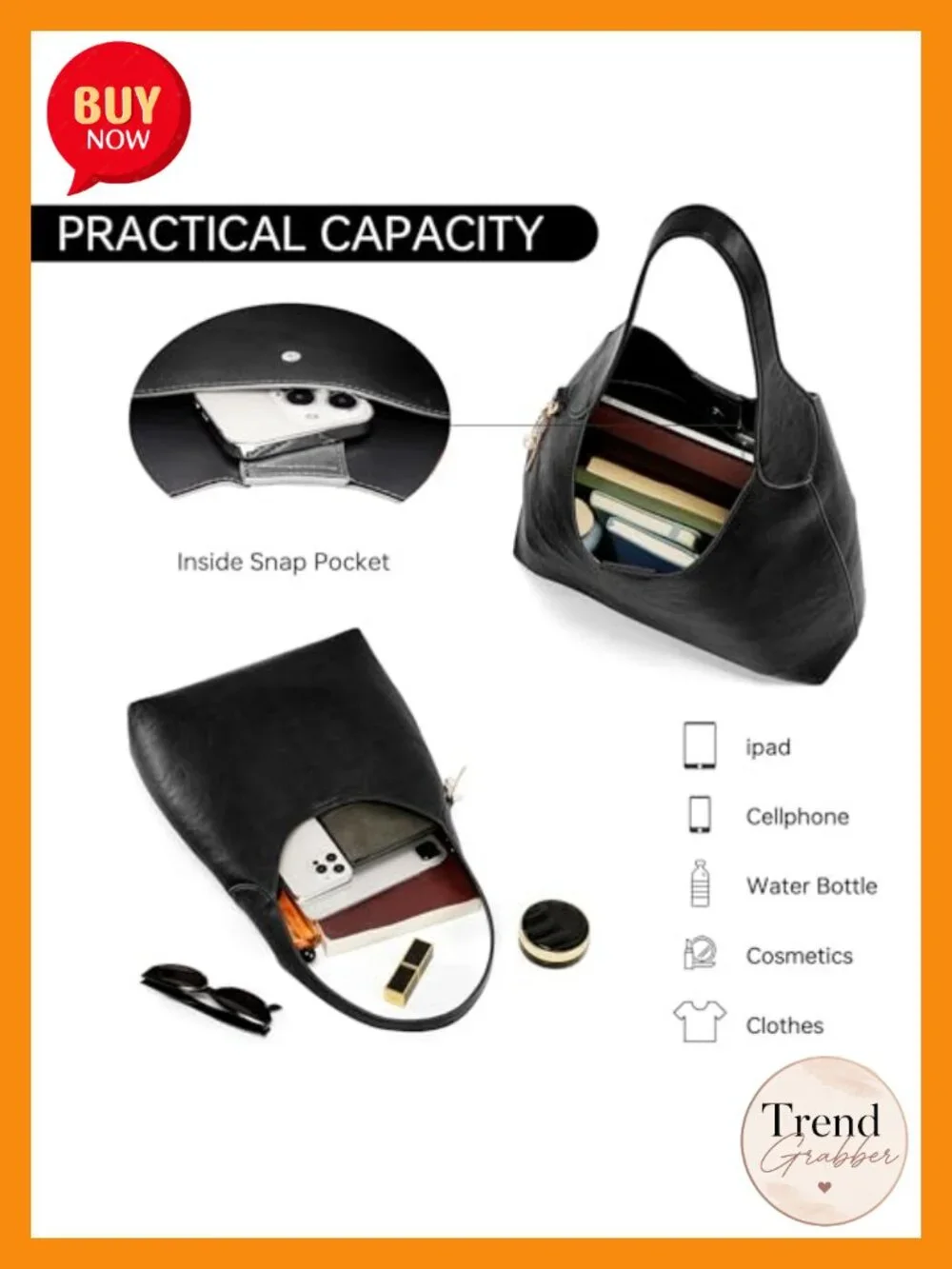 Grained Leather Slouchy Hobo Shoulder Bag with Magnetic Closure and Beaded Charm